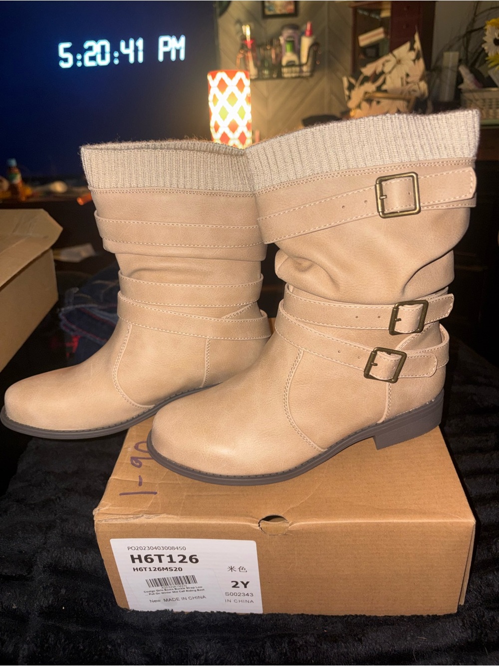 Amazon Kids Beige Knee-High Buckle Boots with Knit Cuff